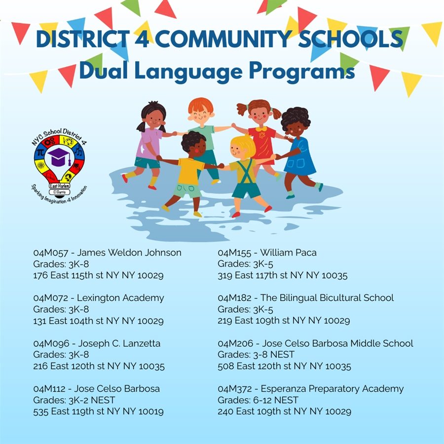 District 4 Community Schools Dual Language Programs flyer in English, listing the eight schools in the table above