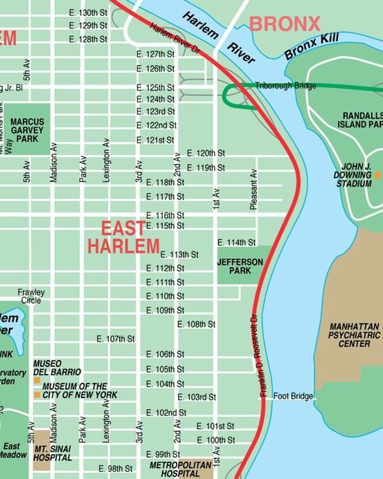 Street map of East Harlem from East 98th Street to East 130th Street, between Fifth Avenue and the Harlem River